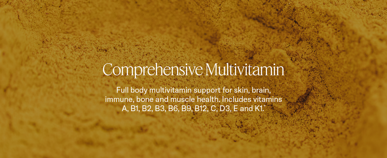 Multivitamin supporting skin, brain, immune, bone, and muscle health with vitamins A through K1.