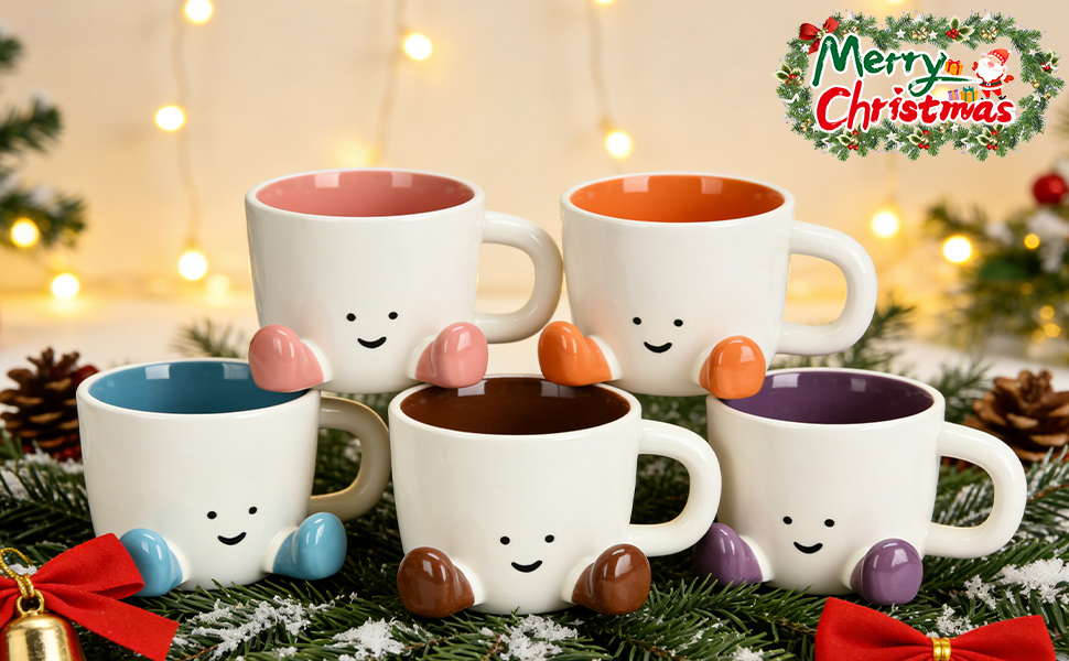 Cute Christmas Ceramic Mugs - 5 Color Options with Adorable Smiley &amp;amp; Foot Design