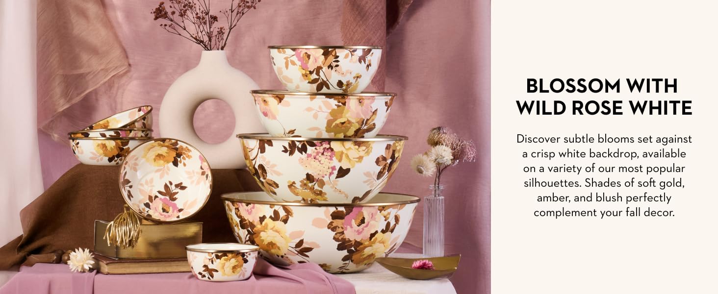 Blossom with Wild Rose White, shown an assortment of bowls.