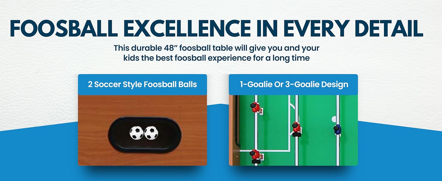foosball table that includes 2 soccer-style balls with flexible goalie configurations