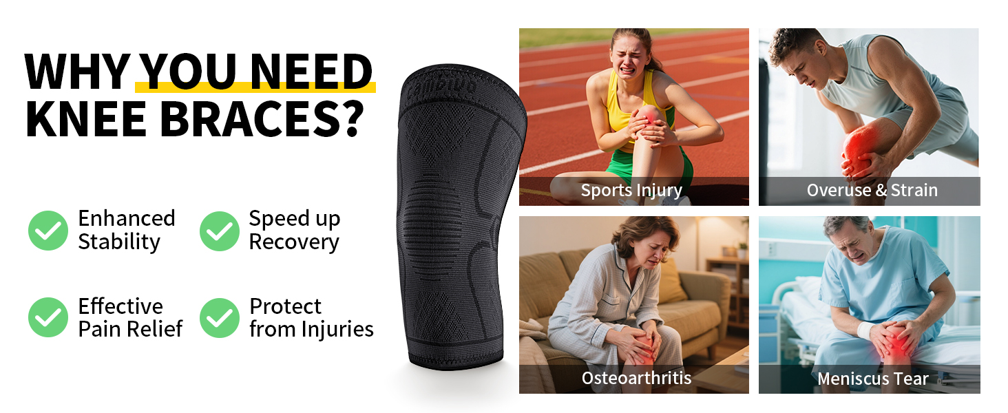 Knee brace for sports injury, overuse strain, osteoarthritis, meniscus tear pain relief, recovery