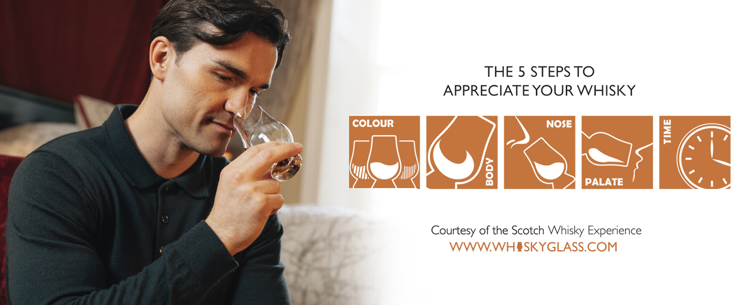 Man smelling whisky in a glass, with infographic showing 5 steps to appreciate whisky: color, nose, taste, palate, and finish. Website URL visible.