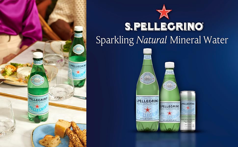 Sparkling natural mineral water bottles and can on table