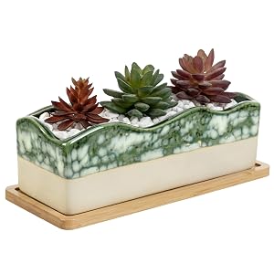 Beige Green Ceramic Glazed Rectangular Succulent Planter Pot