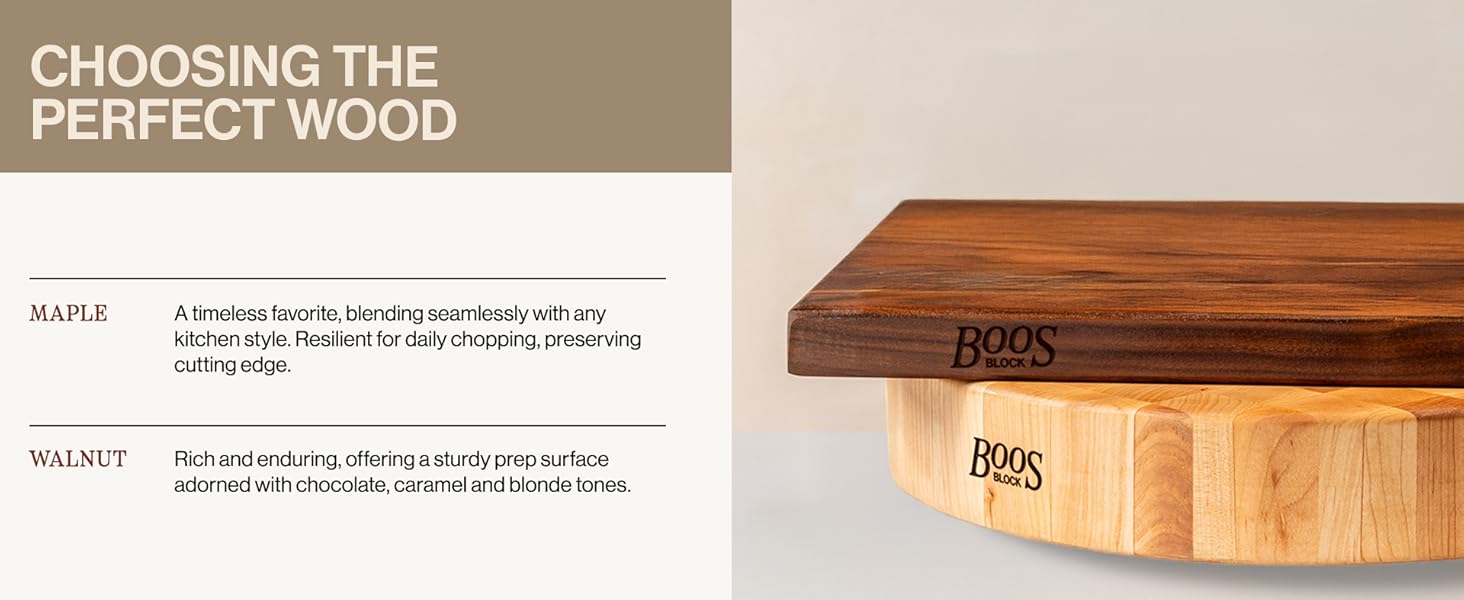 Image of Walnut and Maple Boards. Text reads CHOOSING THE PERFECT WOOD.
