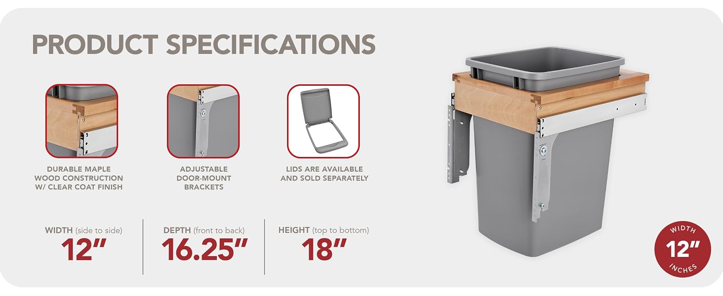 A trash can with a wooden frame and dimensions. Text reads: Product specifications.