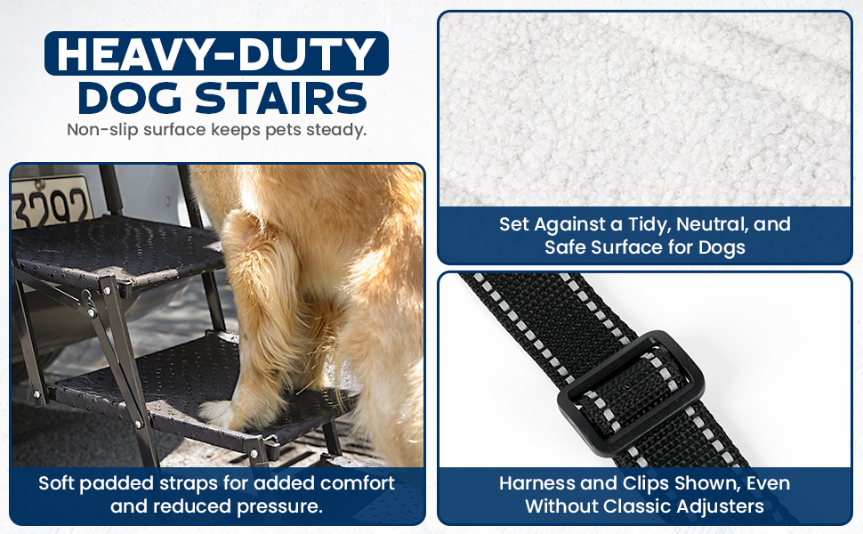 Dog stairs with padded straps and lift harness for senior dogs and joint support.
