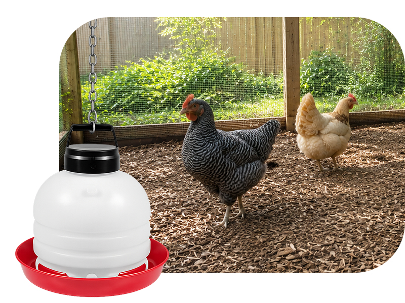 A hanging plastic chicken waterer with a red trough in a backyard chicken run