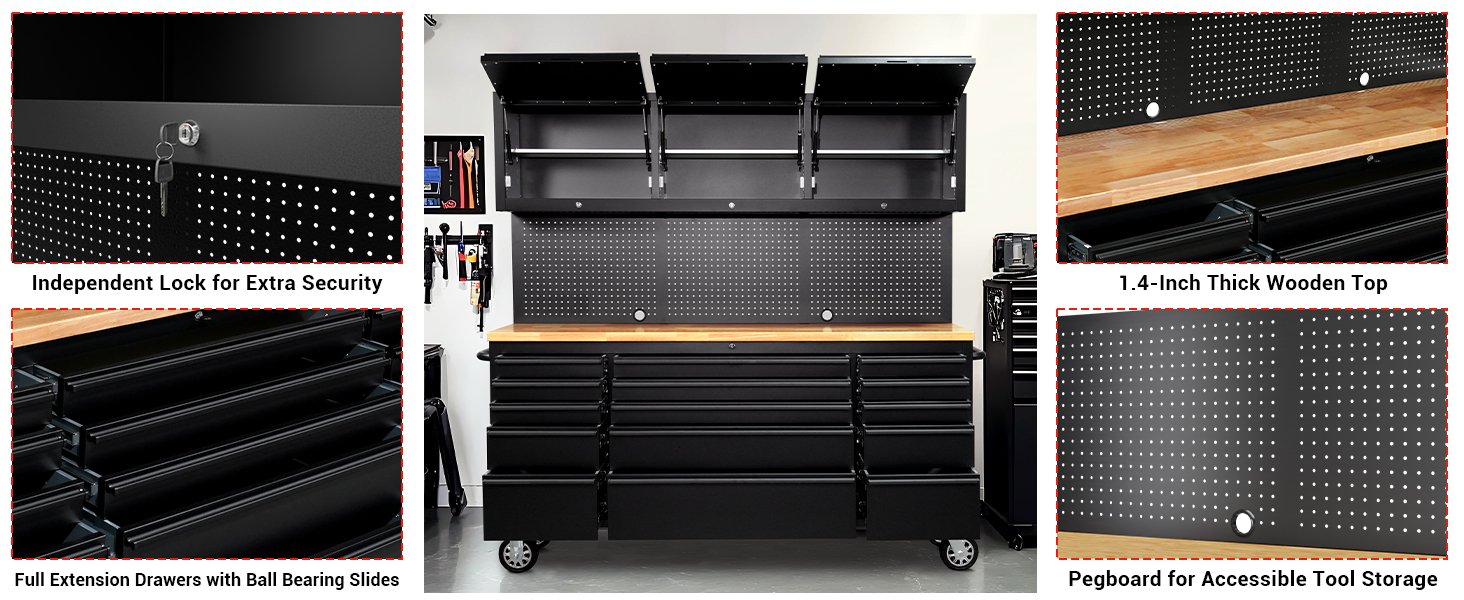 Overview of the tool cabinet key features including locks, drawers, wooden top, and pegboard storage