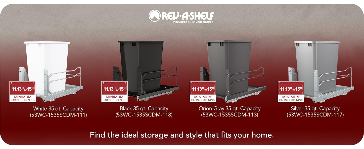 Three waste container models shown in different colors and widths.