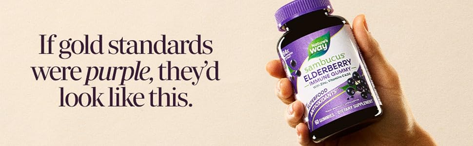 Hand holding a bottle of the Sambucus Elderberry Immune Gummies with text to the left