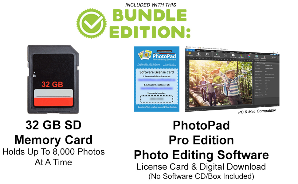 32 GB SD Memory Card and PhotoPad Pro Photo Editing Software Included