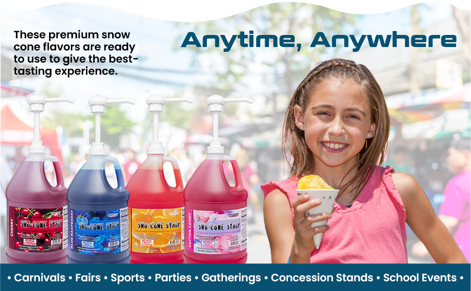 Pure Cane Sugar Sno-Cone Syrup Four One-Gallons with Pump Choose the Flavor