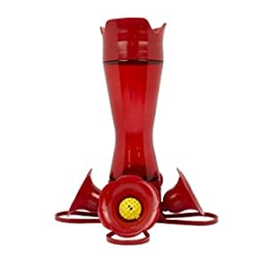 red hummingbird feeder, hummingbird feeder, glass feeder, bee guards, ant moat