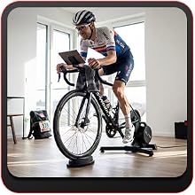 Cyclist warming up indoors on a trainer using a cycling trainer block under the front wheel for a .