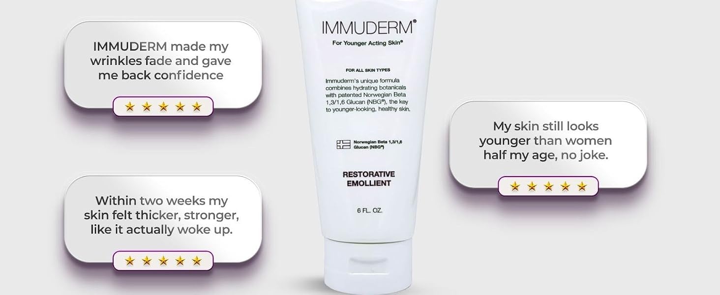 Immuderm skin cream tube surrounded by five-star customer reviews for wrinkle care and anti-aging.