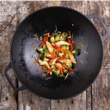 wok; grilling wok; cast iron wok; cast iron grilling wok; iron wok; outdoor cooking; bbq; grilling;