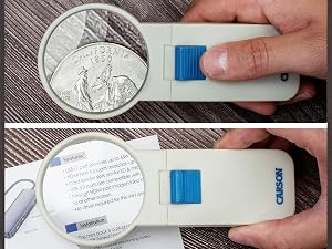 Magnifier being shown inspecting a coin and fine print