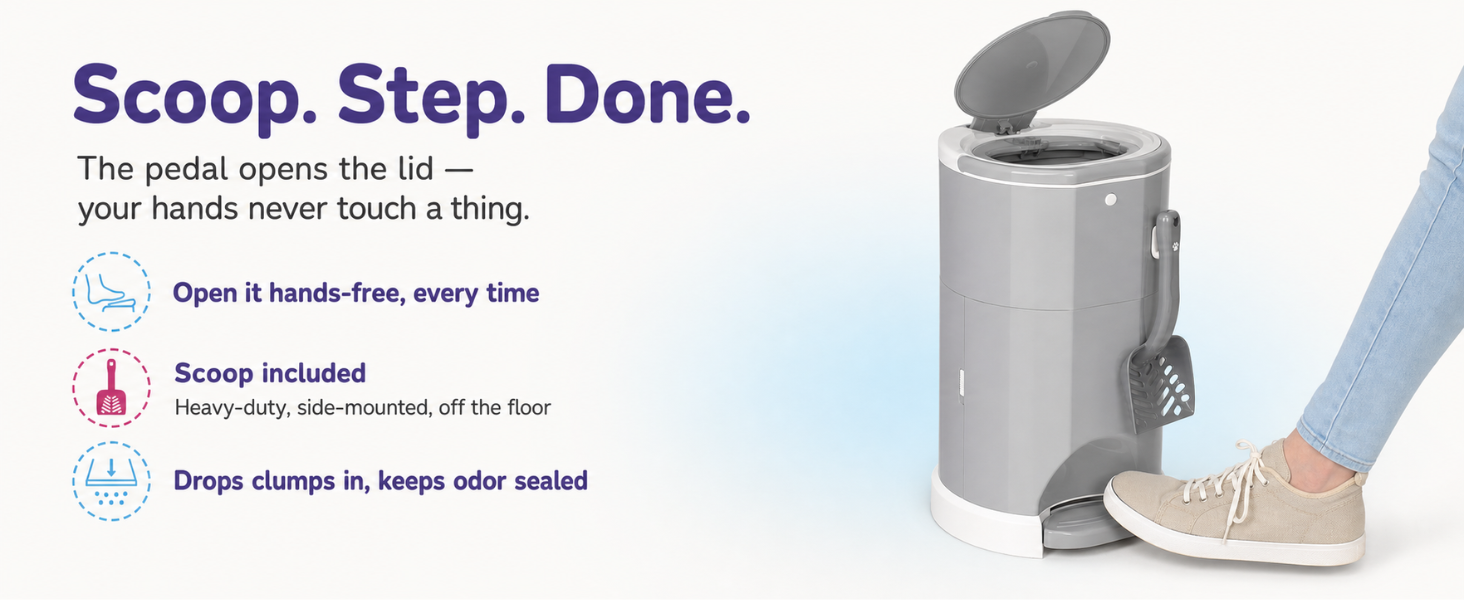 Foot opening the pedal lid of the Litter Champ cat litter trash can, hands-free