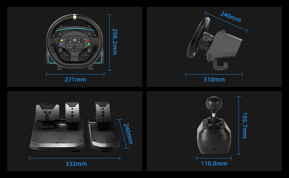Gaming steering wheel with pedals and gear shifter. Multiple views show dimensions: wheel 271mm wide, 262mm tall; pedals 332mm wide; shifter 110.8mm tall. Designed for racing simulation setups.
