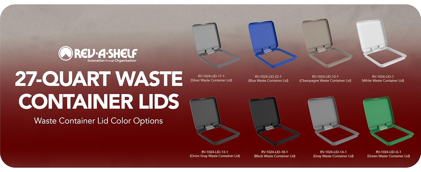 The different colors available under 27 quart lids. Text Reads: 27-Quart Container Lids.