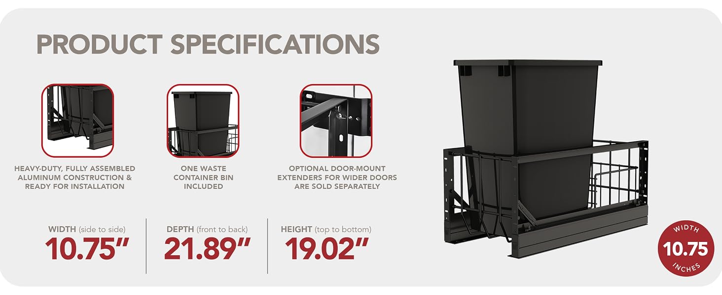 Dimensions and features of pullout waste bin. Text Reads: Product Specifications.