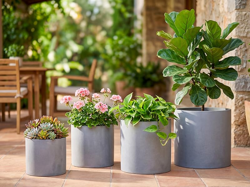 10 and 12 inch concrete gray minimalist outdoor patio planters for pothos and garden plants.