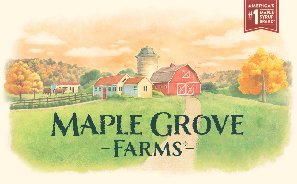 Text reads Maple Grove Farms over image of new england farm house in fall