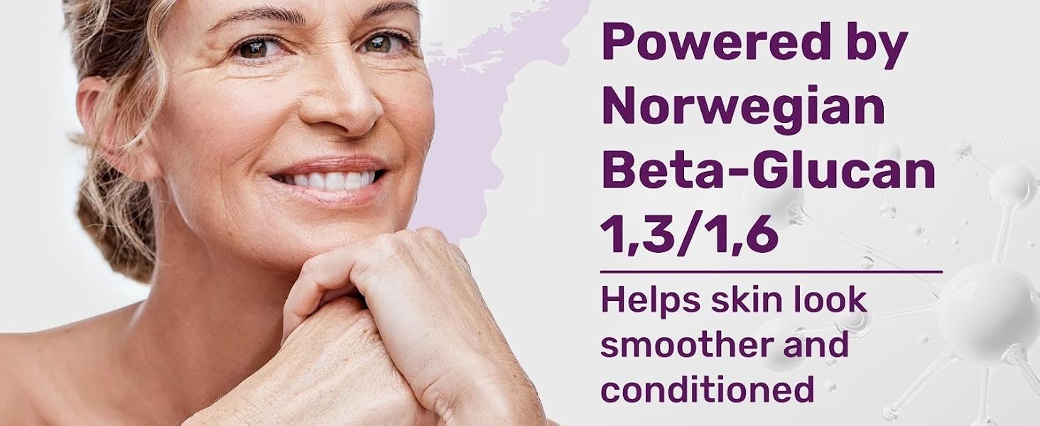 Mature smiling woman showing smooth skin powered by Norwegian Beta-Glucan 1,3/1,6 cream.