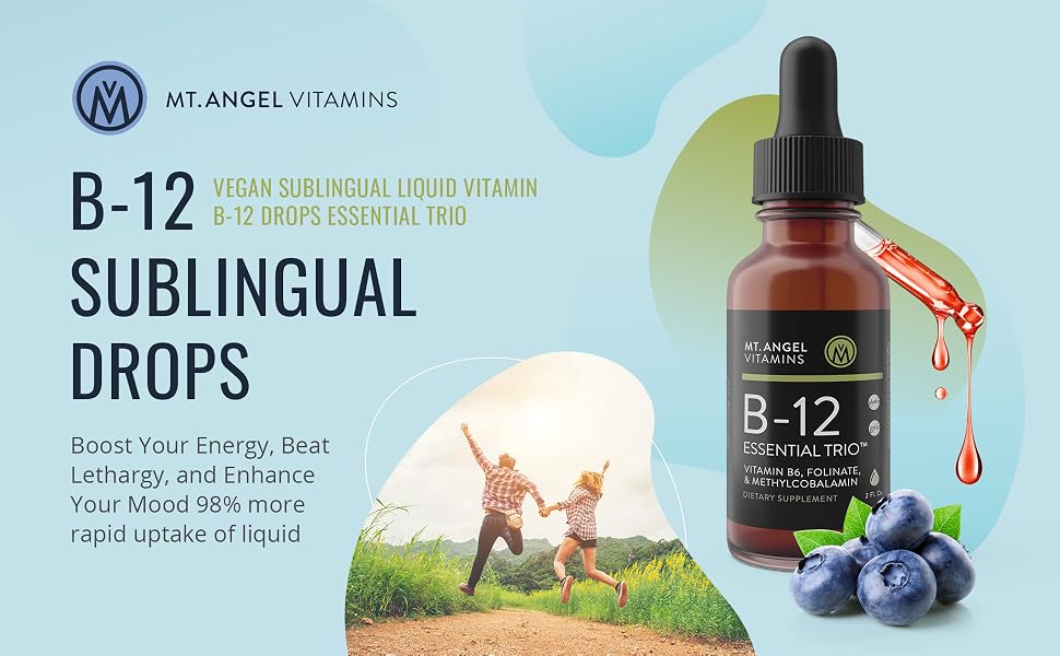 B-12 Vegan Sublingual liquid vitamin. B-12 Drops Essential Trio. Boost your energy, beat lethargy