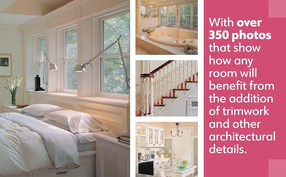 Photo examples of wood trim and molding in a home showing window trim, stairs, and doorways.