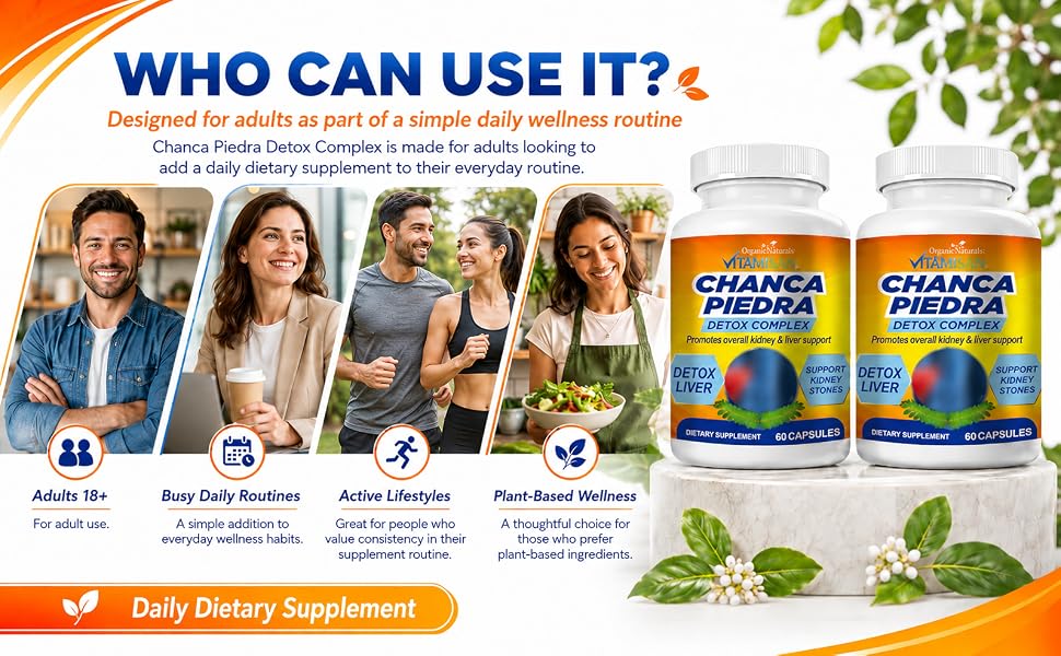 Adults using Vitamisan Chanca Piedra Detox Complex as part of a daily wellness routine.