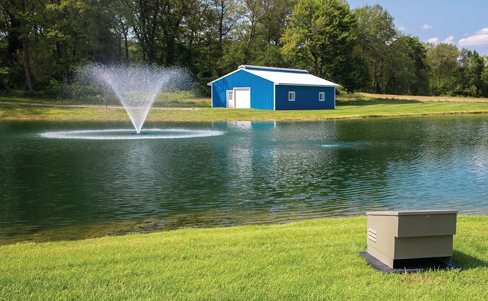 backyard, pond, clear water, fountain, aeration,