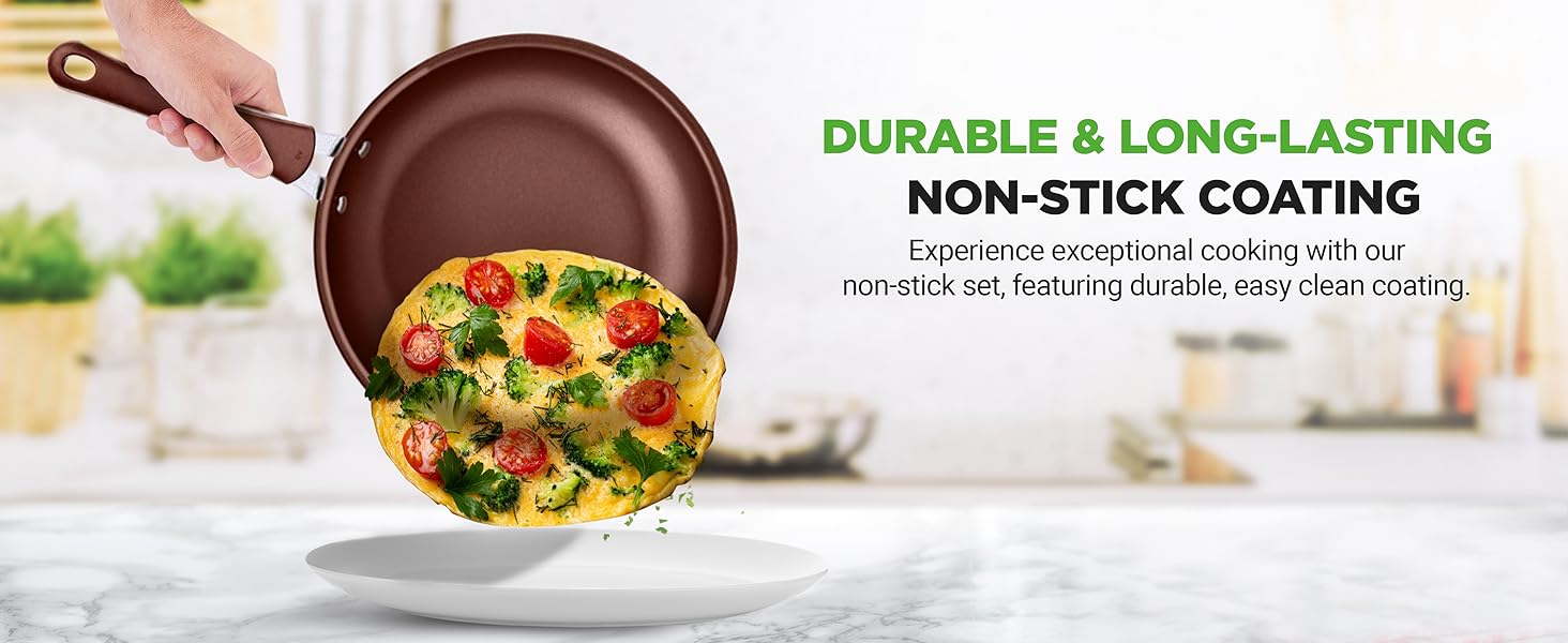 Brown frying pan with non-stick coating and omelet, easy to clean and durable cooking surface
