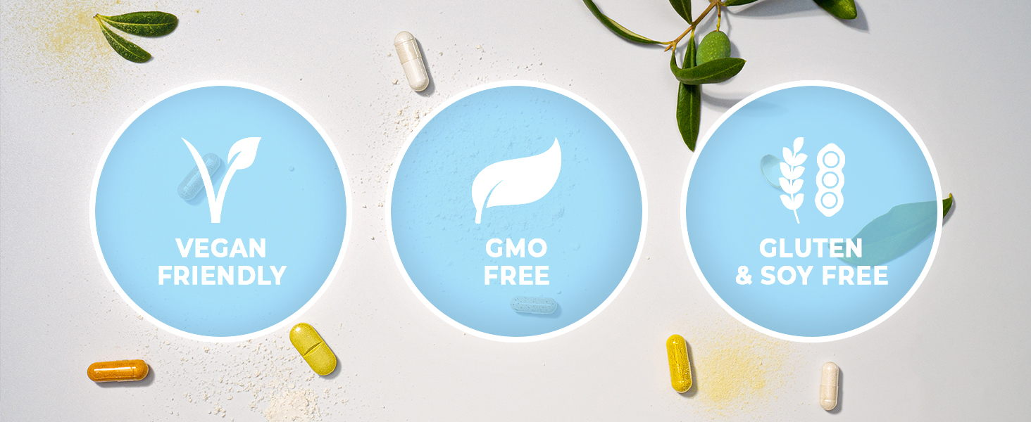 Product Certifications Vegan Friendly GMO Gluten Soy Free Capsules Tablets Blue