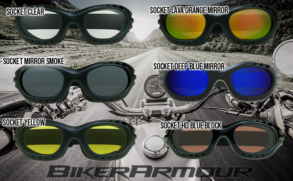 motorcycle biker goggles sun glasses shades clear yellow blue blocker mirror strap foam blocks wind