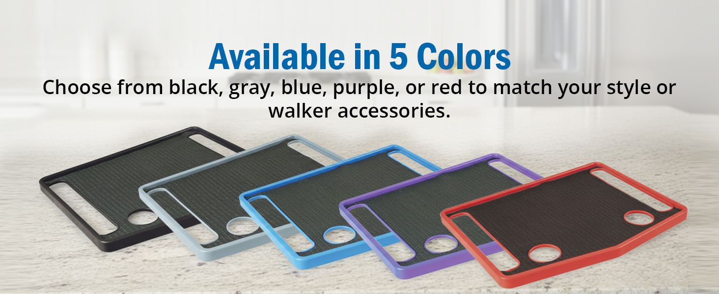 Tray table available in black gray blue purple red to match walker accessories
