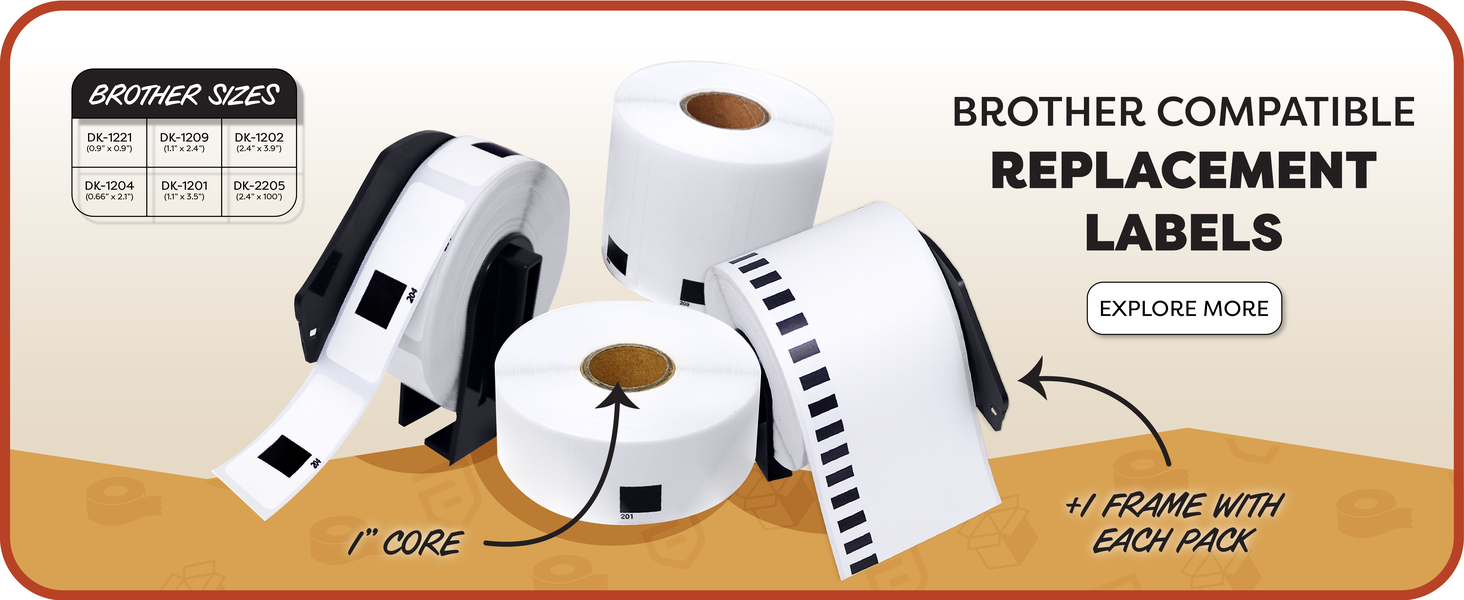 Four rolls of our white Brother replacement labels with six available sizes listed.