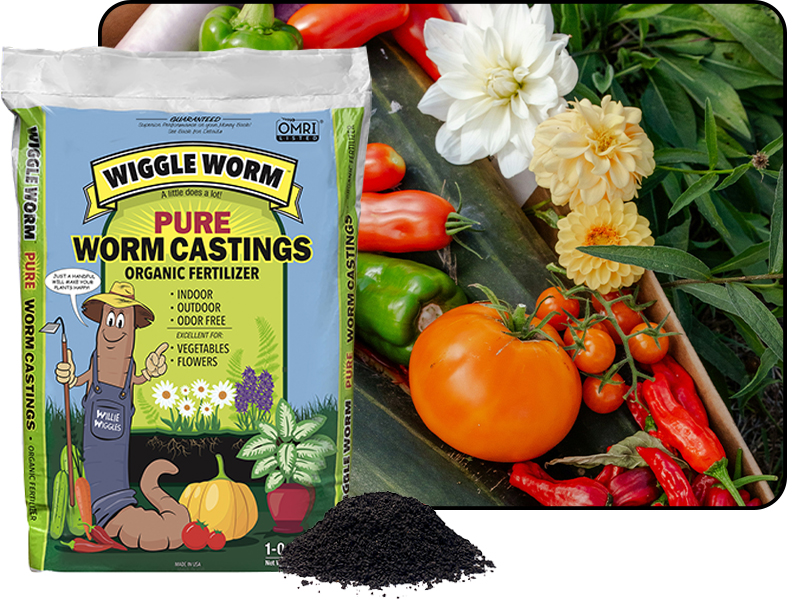 4.5lb bag of Pure Worm Castings in front of a photo of flowers fruits and vegetables