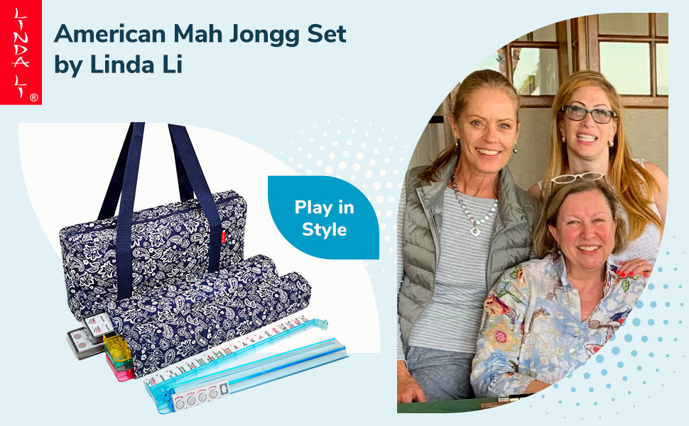 A blue paisley soft bag of mahjong set by Linda Li is nestled among a group of smiling women.