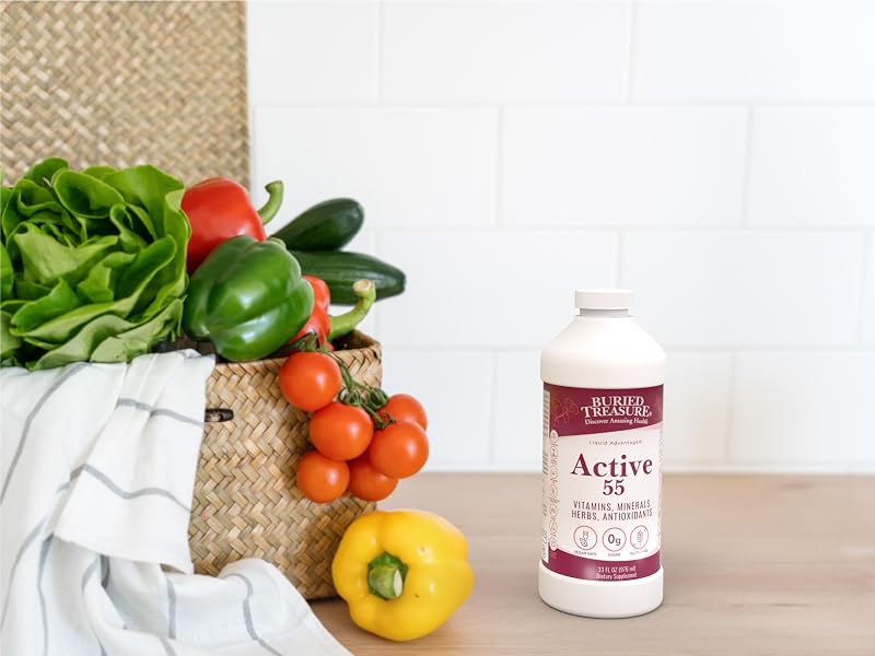 Active 55 Plus supplement on the counter with multiple fruits and vegetables.
