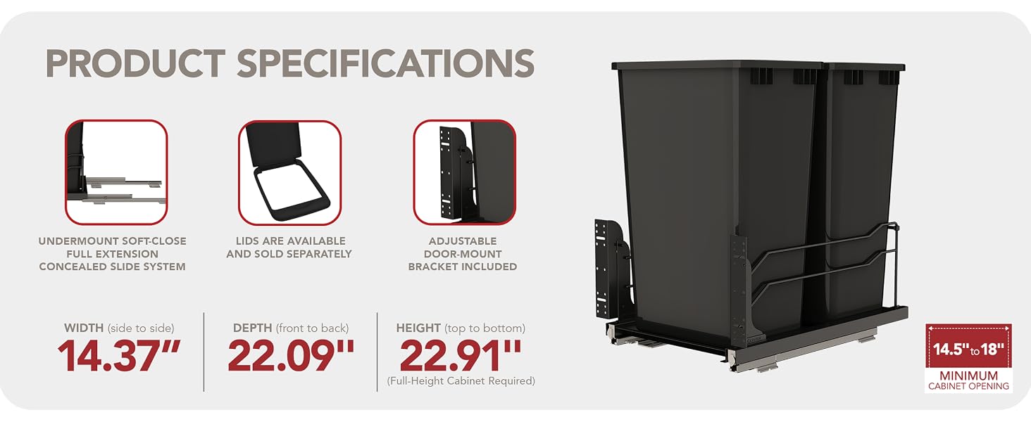 Waste container dimensions and features with product diagrams.