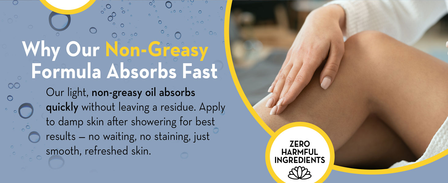 Woman touching her legs with text highlighting fast-absorbing, non-greasy skincare oil benefits.