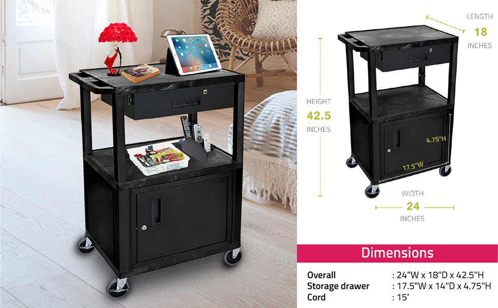 Luxor 42"H AV Cart - 3 Shelves, Cabinet, Drawer - Black