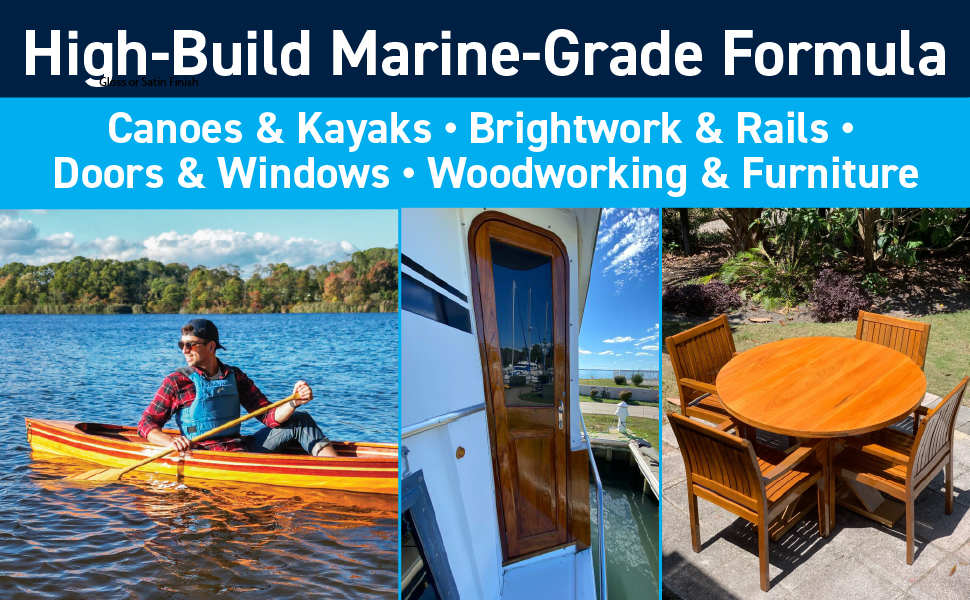 TotalBoat High-Build Spar Varnish Used on Kayak Boat Door and Outdoor Furniture