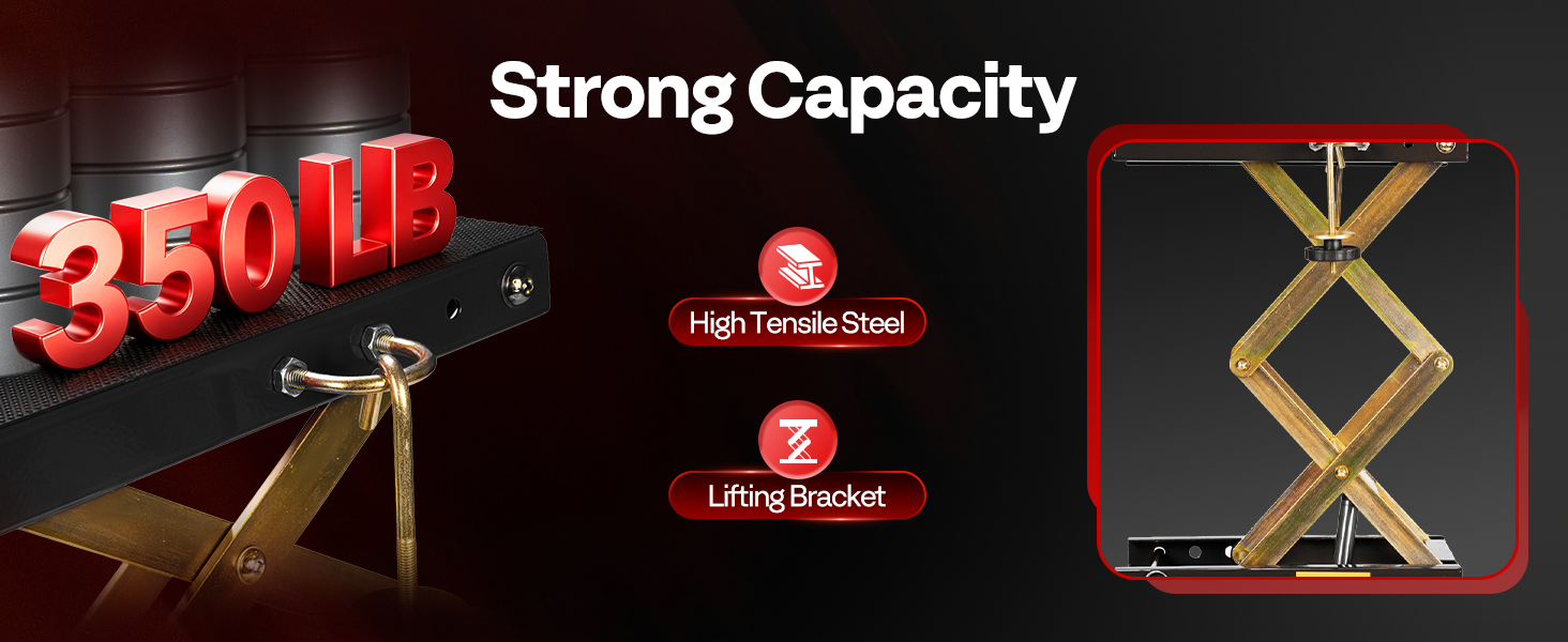 Black 350 lb scissor lift stand, high-tensile steel construction, for stable equipment lifting.