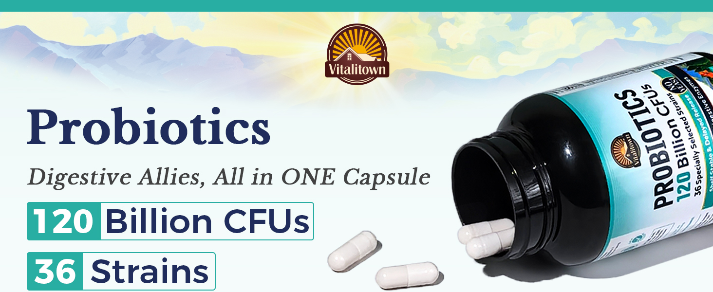 Vitalitown Max Strength Probiotics contains 120 billion CFUs, 36 selected probiotics strains
