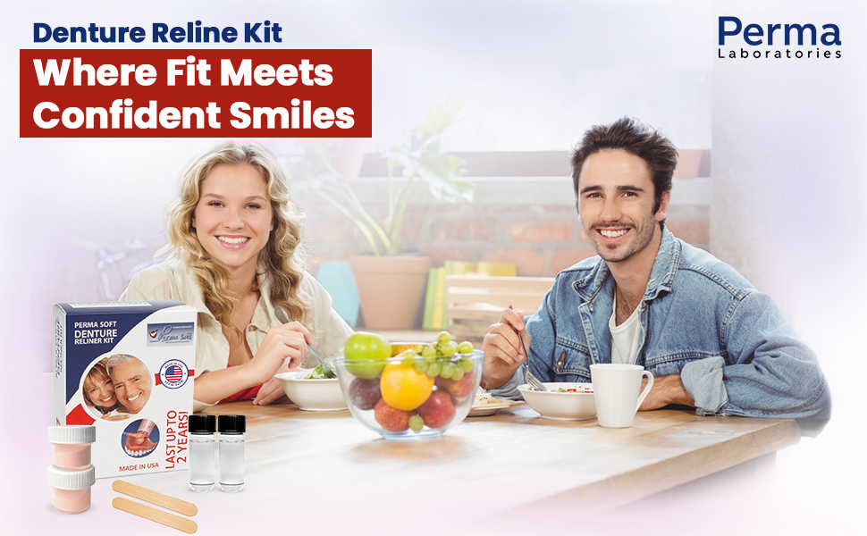 Couple eating breakfast with Perma Soft Denture Reline Kit on Table. Denture liner to tighten