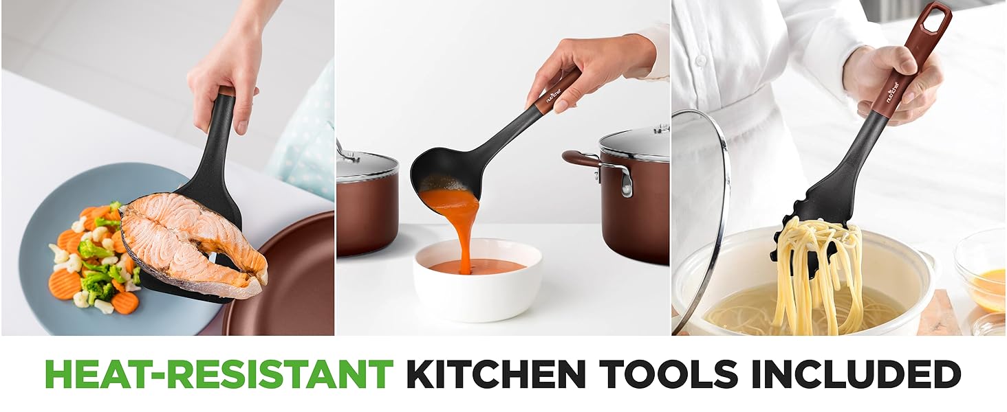 Heat-resistant kitchen utensils including spatula, ladle, slotted spoon, and silicone drainer
