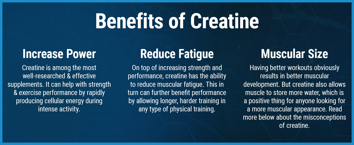 benefits of creatine on increasing power, muscular size, and reducing fatigue